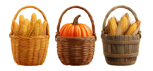 Collection of Baskets with Corn and Pumpkin on Transparent Background