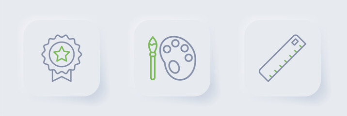 Set line Ruler, Paint brush with palette and Medal star icon. Vector