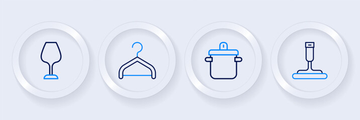 Set line Rubber cleaner for windows, Cooking pot, Hanger wardrobe and Wine glass icon. Vector