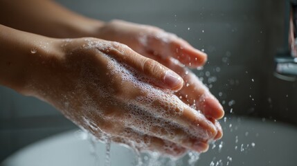 Fototapeta premium young woman washing cleansing soapy hands in bathroom to prevent coronavirus infection cleaning skin care in foamrubbing hands rinsing with running water covid 19 protection concept close up view no 