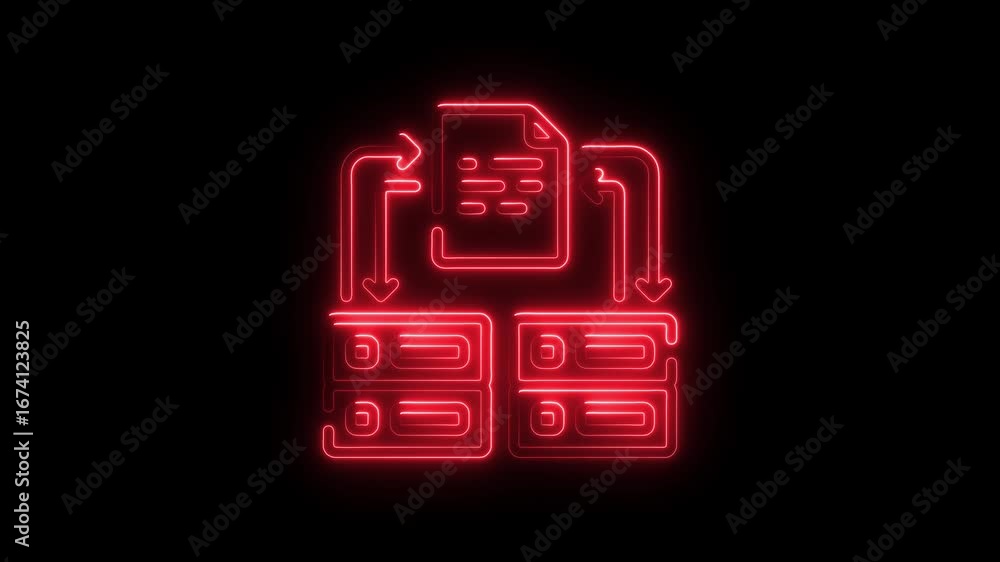 Poster red neon data transfer and document icon on black background file information