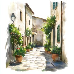 Naklejka premium The watercolor illustration depicts a narrow, sunlit alleyway with stone pavement, terracotta pots overflowing with flowers, and aged buildings with green shutters.
