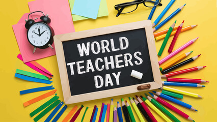 Vector art of world teachers day celebration with a blackboard, alarm clock, and colorful pencils arranged on a yellow background, symbolizing education and appreciation