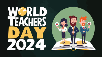 Vector art of world teachers day 2024 illustration featuring diverse teachers standing on an open book, celebrating education and the teaching profession