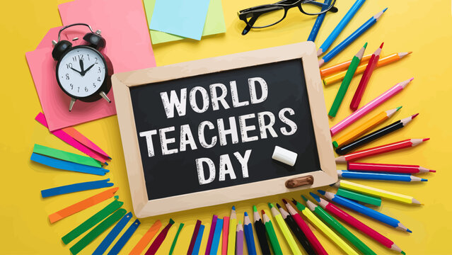 Vector art of world teachers day celebration with a blackboard, alarm clock, and colorful pencils arranged on a yellow background, symbolizing education and appreciation