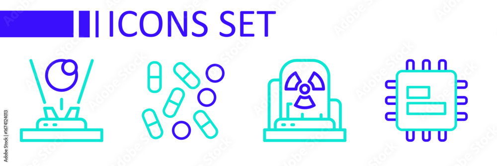 Aufkleber set line processor cpu, radioactive warning lamp, medical pill biohacking and hologram icon. vector