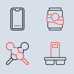 Set line Soda can, Meatballs on wooden stick, Coffee cup to go and Food ordering mobile icon. Vector