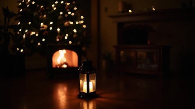 Christmas Lantern And Burning Fireplace Near The Tree At Night In The Room