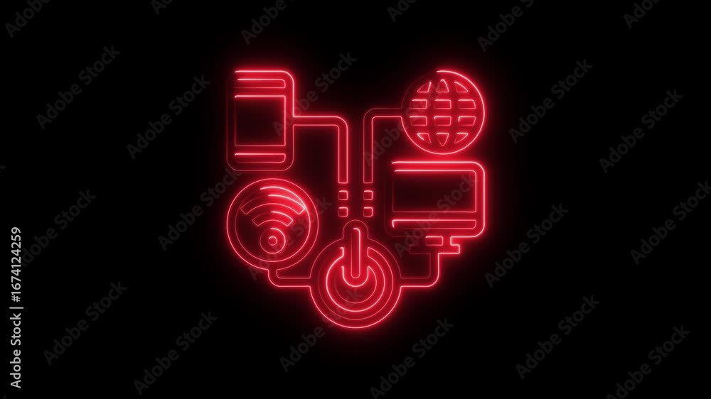 Poster red neon glowing network of devices and power button icon on black background connection technology
