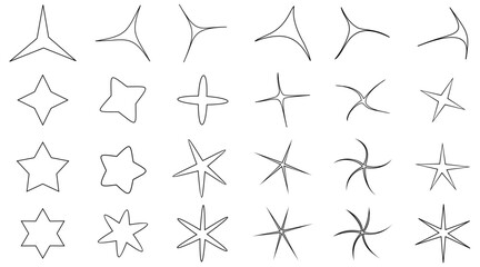 24 black star line object shapes isolated on white background, vector