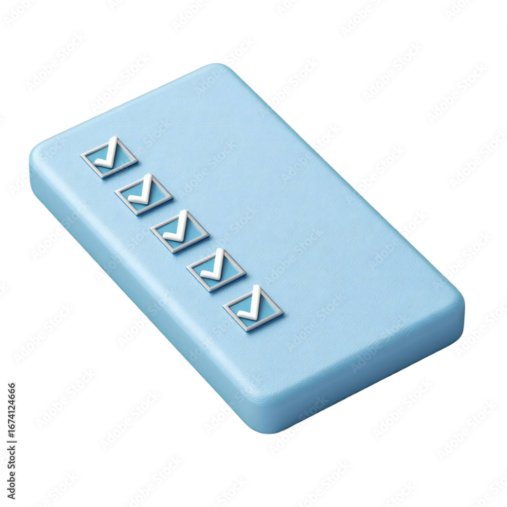 Poster a light blue rectangular object with five checkmarks in a row, isolated on a transparent background