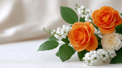 An elegant bouquet of vibrant orange roses, symbolizing warmth and passion, rests gracefully on a minimalist surface. delicate sprigs of white flowers add a touch of purity.