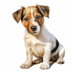 This illustration shows a young Jack Russell Terrier puppy sitting, looking attentively at the viewer, with its fur detailed in shades of white, brown, and black.