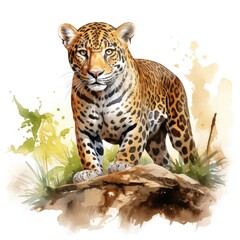 Obraz premium A jaguar with dark spots on its tawny coat stands alertly on a rock, facing the viewer, with watercolor-style vegetation in the background.