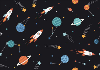 Whimsical space exploration with rockets planets stars and comets journeying through the cosmos