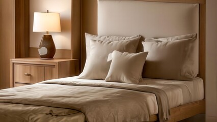 A cozy bedroom composition with a bedside table, lamp and decorative elements. Beige accents emphasize the calm. Suitable for interior design.