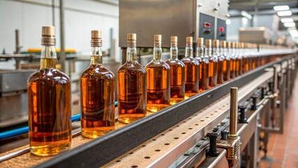 The process of bottling whiskey on a production line. Glass bottles are filled with amber liquid. A symbol of premium alcohol and beverage industry.