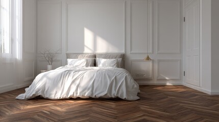 simple exclusive white bedroom with wooden parquet  no logos no brands ar 169
