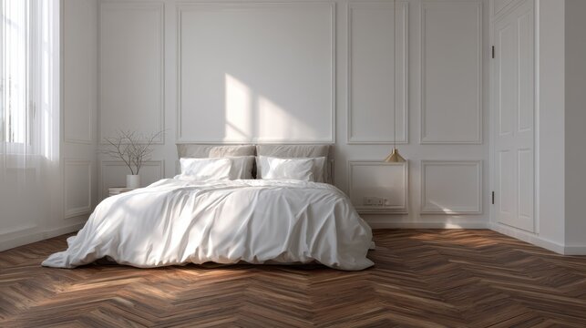 simple exclusive white bedroom with wooden parquet  no logos no brands ar 169