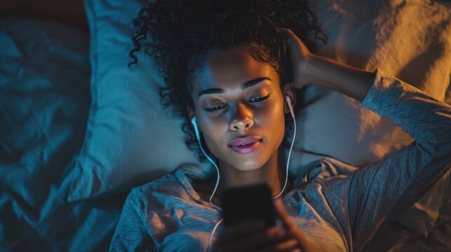 technology internet communication and people concept  young african american woman with smartphone and earphones listening to music in bed at home at night no logos no brands ar 169