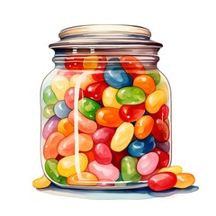 The illustration shows a glass jar full of jelly beans in various colors, with a few beans spilled next to it.