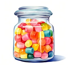 The illustration shows a clear glass jar filled with various colorful candies, including round and rectangular shapes.