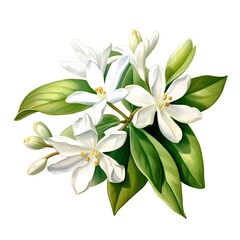 Fototapeta premium The illustration shows a cluster of pristine white flowers with vibrant green leaves, exhibiting intricate details and textures.