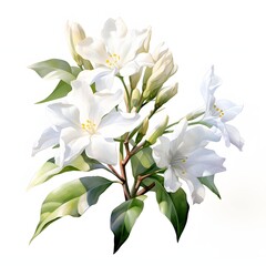Obraz premium The illustration shows a cluster of white flowers with several buds and lush green leaves on a branch, isolated on white background.