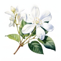Fototapeta premium The illustration shows a detailed watercolor painting of a flowering branch, featuring several white blossoms and lush green leaves against a clean white background.
