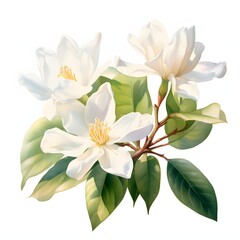 Fototapeta premium The illustration shows three pristine white magnolia flowers in full bloom, accompanied by vibrant green leaves, all on a single branch.