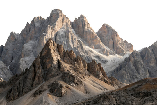 Jagged mountain peaks illuminated by sunlight isolated on white background - Powered by Adobe