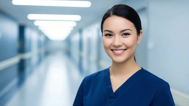 Smiling female nurse hospital hallway healthcare professional