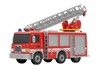 赤い消防車が透明な背景に金属製の梯子を上げた状態を表現したイラスト
