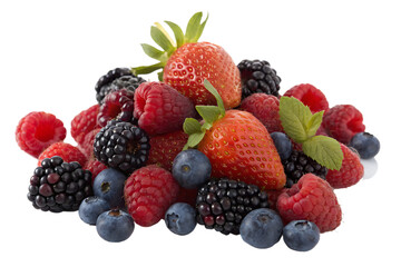 Fresh mixed berries pile isolated on white background