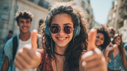 summer holidays and teenage concept teenage girl in sunglasses and headphones hanging out with friends outside and showing thumbs up no logos no brands ar 169