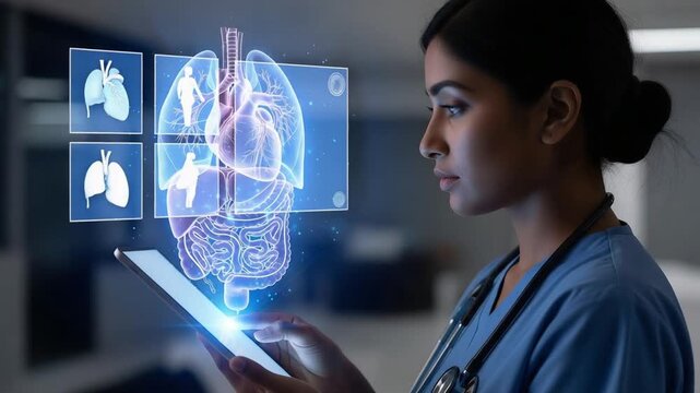 Nurse examining virtual human organs using medical technology