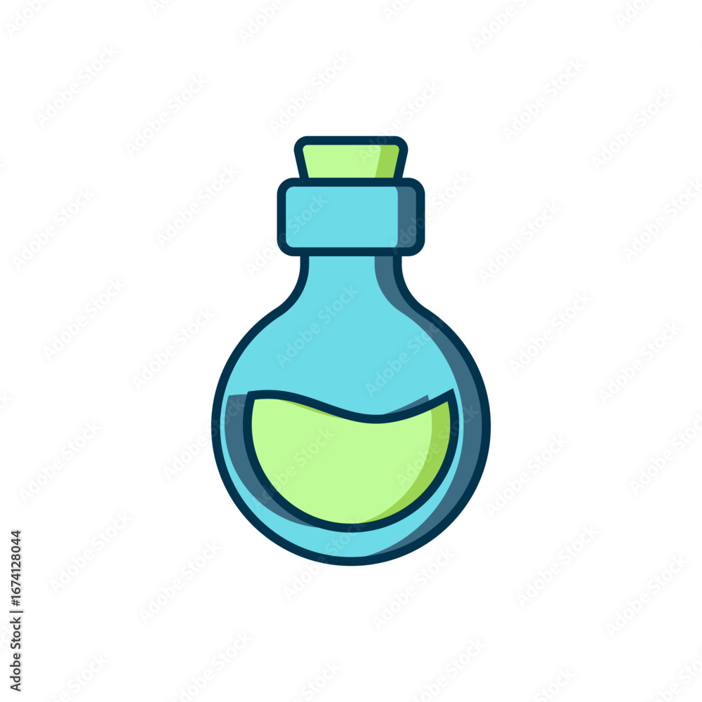 Poster Filled outline Glass bottle with magic elixir icon isolated on white background. Computer game asset. Flat filled outline style with shadow. Vector