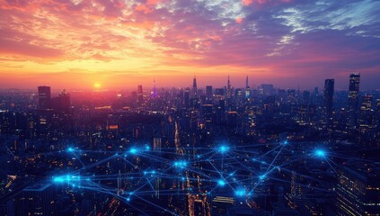 Fototapeta premium Cityscape at sunset, network overlay