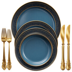 Fototapeta na wymiar Elegant Gold and Teal Dinnerware Setting 3d rendered, isolated on transparent background