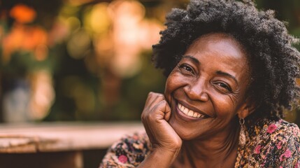 portrait of smiling middle aged african woman looking at camera cheerful black mid adult woman smiling outdoor close up face of beautiful black lady laughing at park no logos no brands ar 169