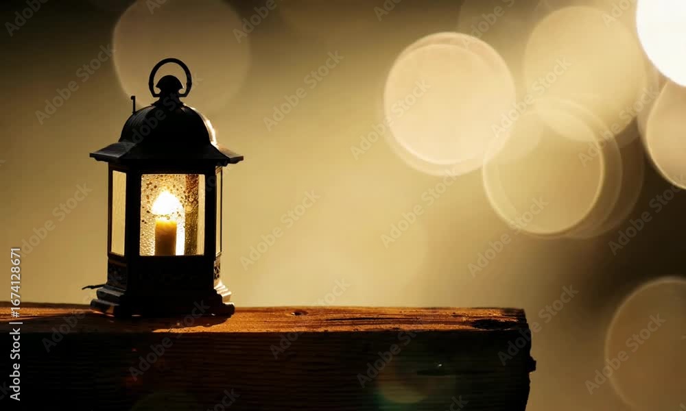 Poster a lantern with a candle inside sitting on a wooden surface with bokeh lights in the background