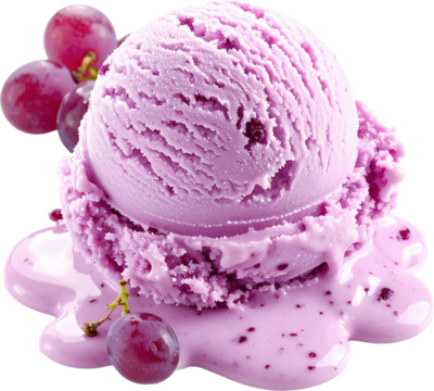 Purple grape ice cream scoop with fresh grapes and melted texture frozen dessert