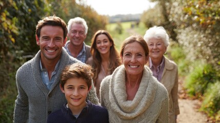 multi generation family son walk in countryside smiling at camera no logos no brands ar 169