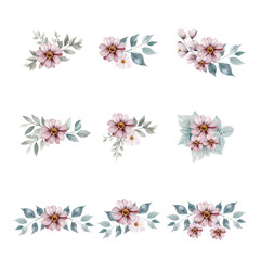 Set of Bouquet floral arrangements with pink flowers and green leaves on Transparent background.