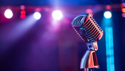retro microphone on stage with neon lighting
