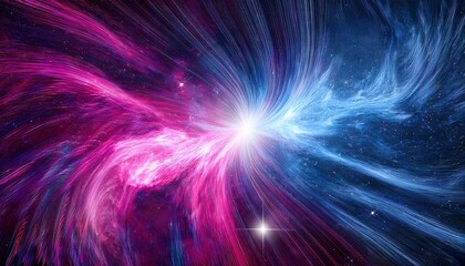 abstract cosmic scene with vibrant pink and blue energy streams emanating from a central point scattered with sparkling particles a swirling nebula like effect creates a dynamic otherworldly atmos