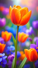 Fototapeta premium A vibrant orange tulip stands out amidst a colorful array of flowers in a garden setting.
