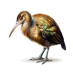 Obraz premium This illustration shows a detailed depiction of a young bird, showcasing its brown, green, and black feathers and slender legs with sharp talons.