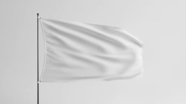 A white, blank flag waves gently in the breeze, attached to a silver pole. Soft light casts subtle shadows. The backdrop is a neutral white