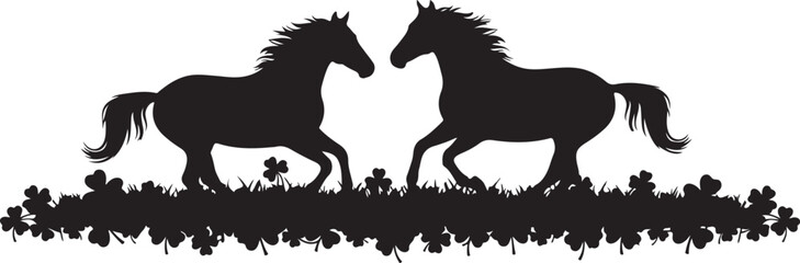 Two Black Horse Silhouettes in Clover Field horses